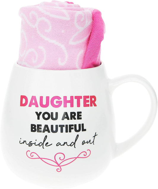 Pavilion Gift Company 71314 Daughter You Are Beautiful Inside And Out Patterned Socks & 15.5 Oz Coffee Cup Mug Gift Set, White