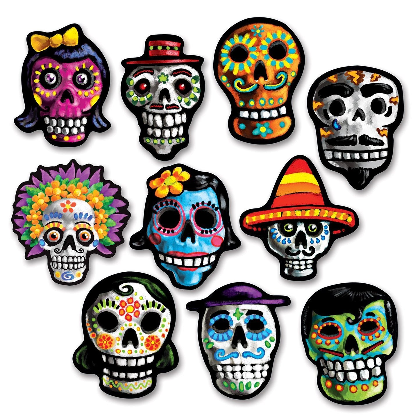 Beistle Miniature Day of The Dead Cutouts 10 Piece Halloween Decorations, Skeleton Face Signs, 4.75", Multicolored