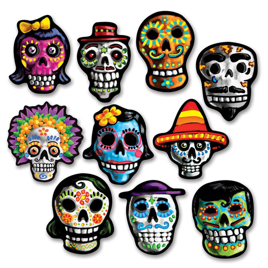 Beistle Miniature Day of The Dead Cutouts 10 Piece Halloween Decorations, Skeleton Face Signs, 4.75", Multicolored