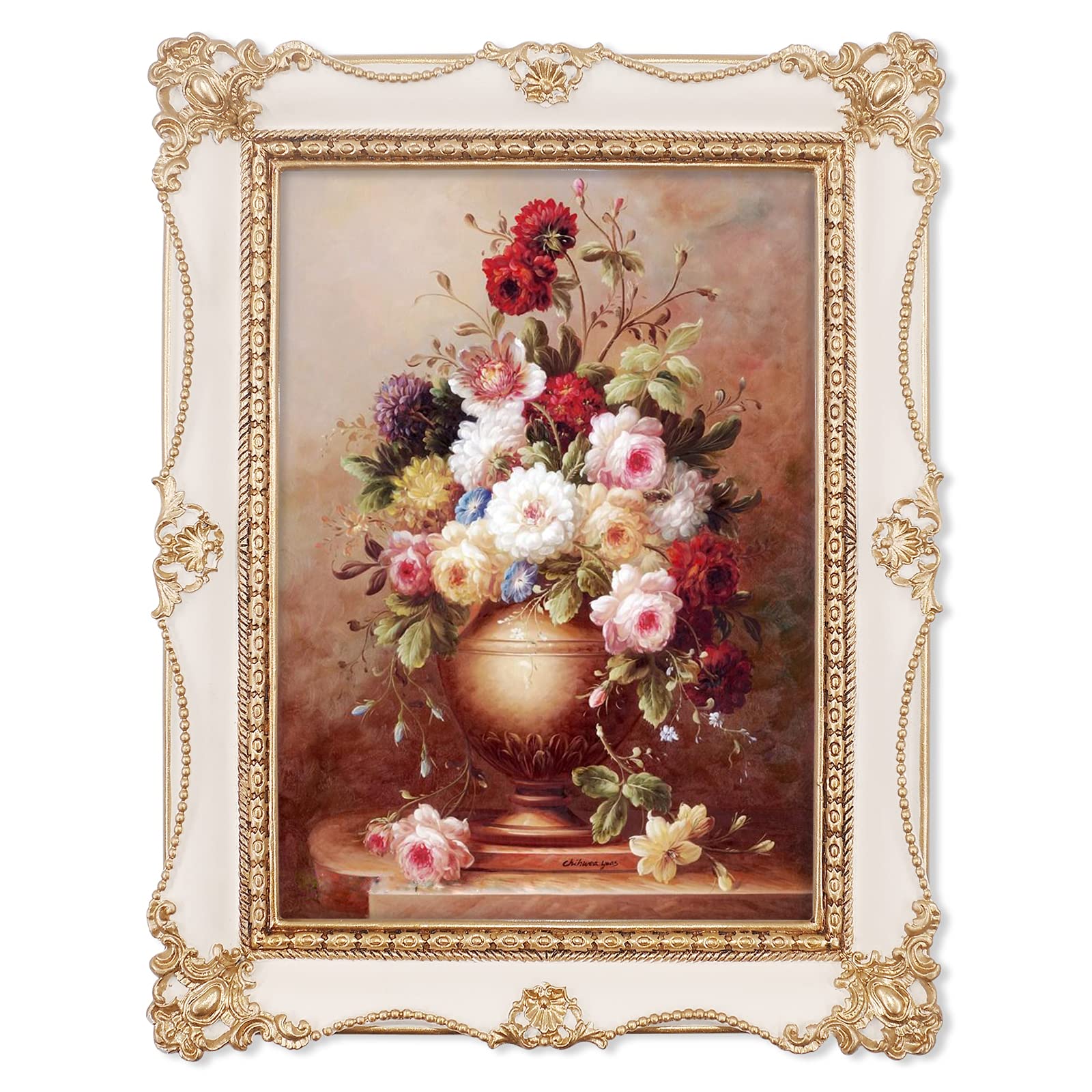 Simon's Shop iAmoy 5x7 Picture Frame, White & Gold Picture Frames, Vintage 5 x 7 Frame with Floral and Bead Detail, Wall and Tabletop Photo Frame