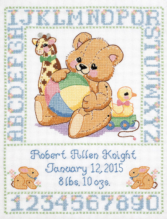 Design Works Crafts Janlynn C5589 Bear Birth Sampler Stamped Cross Stitch Kit-11"X14"