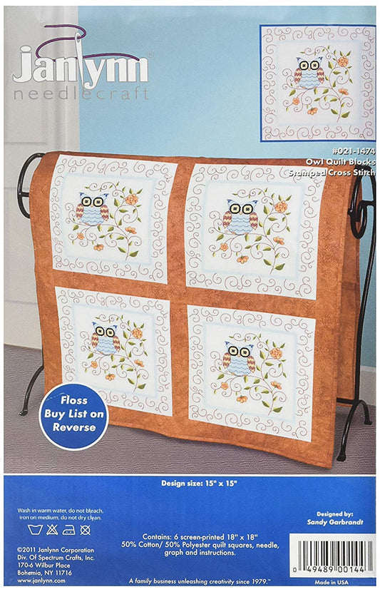 Design Works Crafts Janlynn Stamped Cross Stitch Quilt, Block Owl