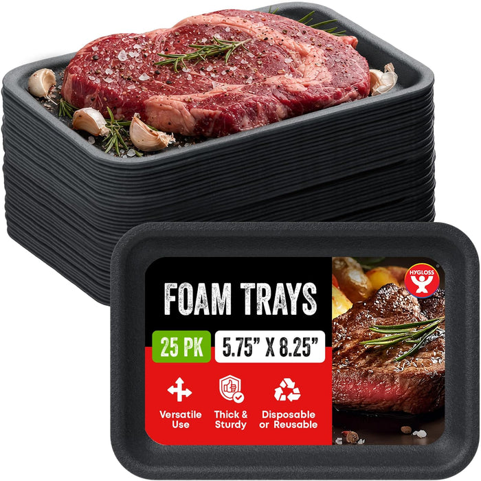 Black Foam Meat Trays 5.75" x 8.25" Bulk Black Tray for Crafts, Food, Painting, 25-Pack