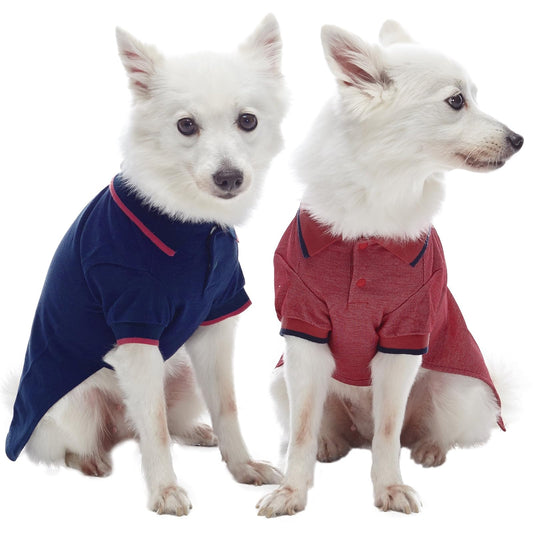 Blueberry Pet Pack of 2 Back to Basic Cotton Blend Dog Polo Shirts in Navy and Rusty Red, Back Length 14", Clothes for Dogs