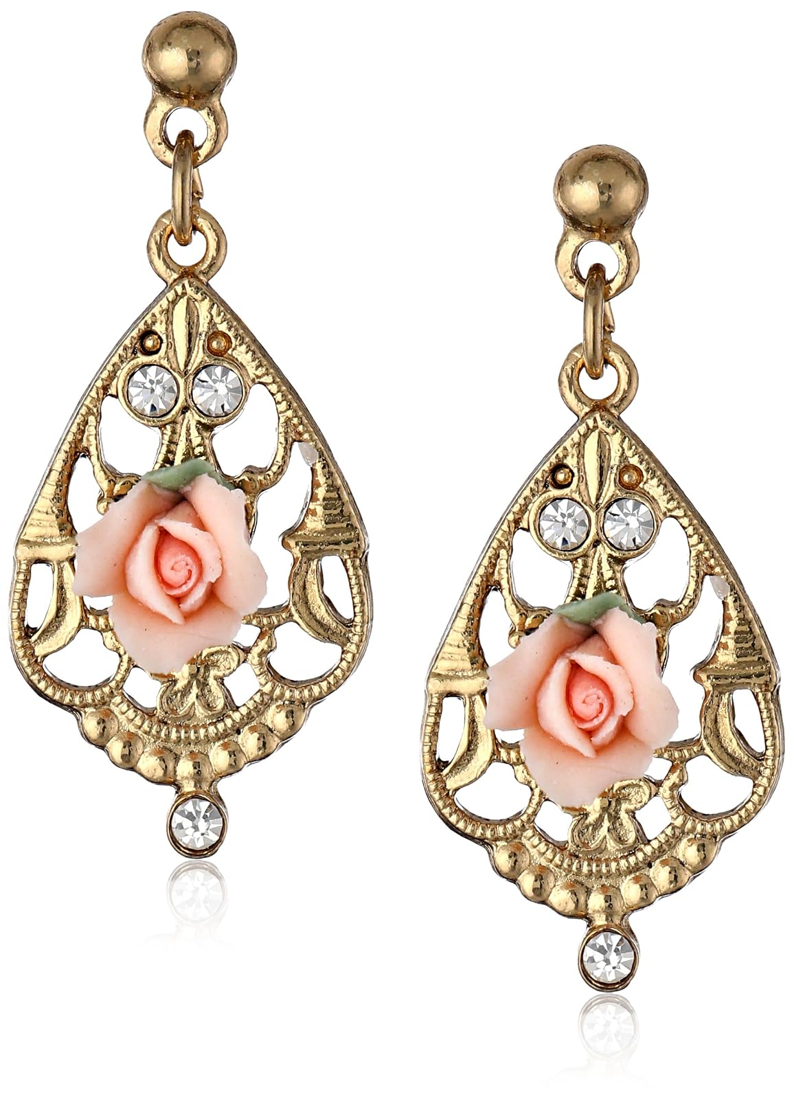 1928 Jewelry Porcelain Pink Rose and Crystal Mosaic Gold Drop Earrings