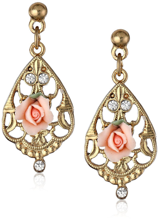 1928 Jewelry Porcelain Pink Rose and Crystal Mosaic Gold Drop Earrings
