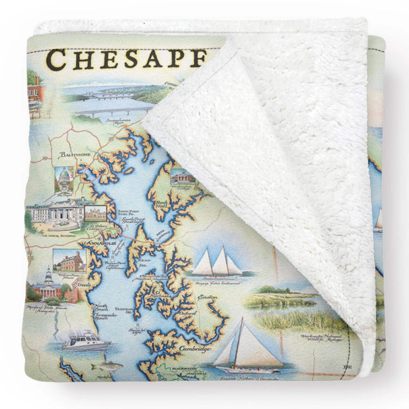 Chesapeake Bay Map Fleece Blanket - Hand-Drawn Original Art - Soft, Cozy, and Warm Throw Blanket for Couch - Unique Gift - 58"x 50"