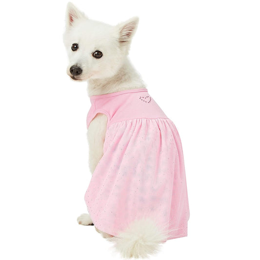 Blueberry Pet My Little Princess Cotton Blend Dog Tulle Dress in Lovely Pink with Heart, Back Length 16", Pack of 1 Clothes for Dogs