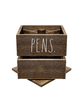 Rae Dunn Pencil Cup - Wooden Pen Holder Desktop Organizer - Small Rustic Wood Desk Top Caddy for Office Accessories and Supplies - Organization for Home, School, Classroom, Work - Square Dark Brown