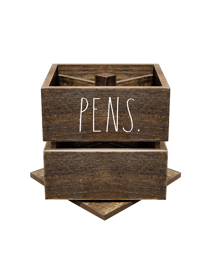 Rae Dunn Pencil Cup - Wooden Pen Holder Desktop Organizer - Small Rustic Wood Desk Top Caddy for Office Accessories and Supplies - Organization for Home, School, Classroom, Work - Square Dark Brown