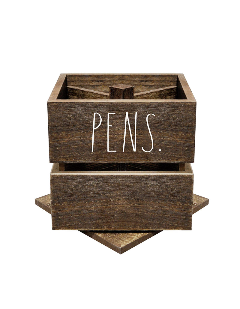 Rae Dunn Pencil Cup - Wooden Pen Holder Desktop Organizer - Small Rustic Wood Desk Top Caddy for Office Accessories and Supplies - Organization for Home, School, Classroom, Work - Square Dark Brown