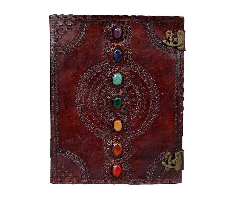 TUZECH Seven Chakra Medieval Stone Embossed Handmade Jumbo Leather Journal Book of Shadows Notebook Office Diary College Poetry Sketch (Brown, 18 Inches)
