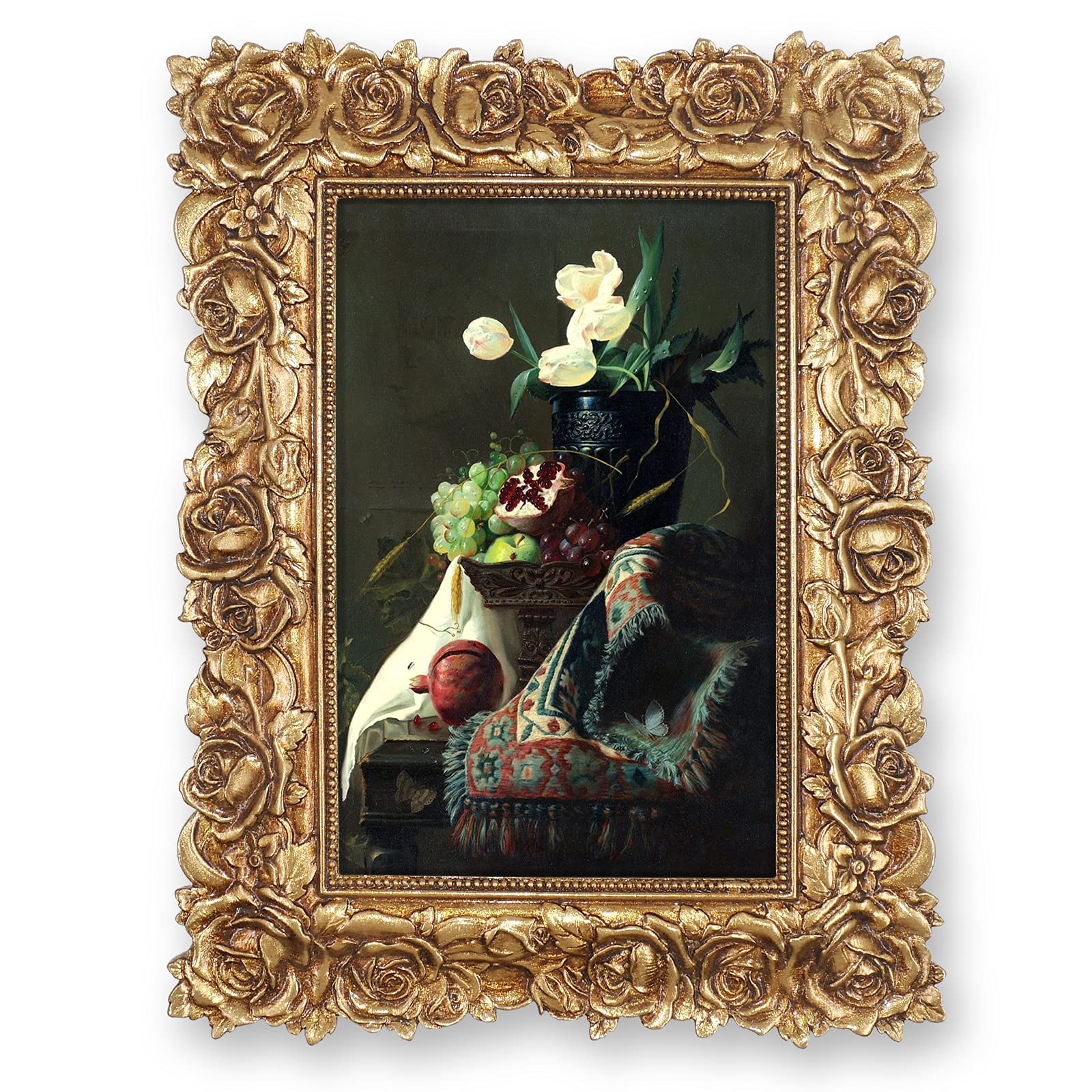 SIMON'S SHOP 5x7 Picture Frame Wall and Tabletop Photo Frames with Rose Flower and Buds Carvings, Vintage Home Decor (Gold)