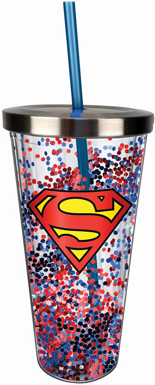 Spoontiques 21338 Superman Logo Glitter Cup w/Straw, One Size, Red & Blue