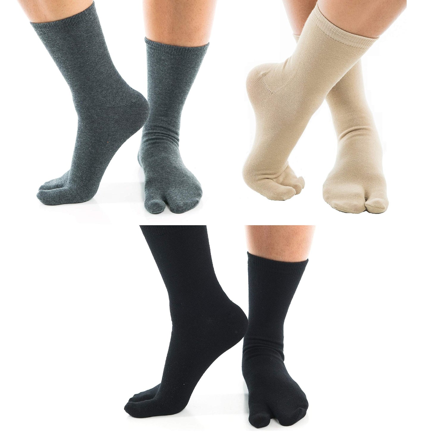 V-Toe Split Toe Flip-Flop Socks - Tabi Premium Cotton Blend Men & Women Sock - Men's Japanese Toe Separated Black Khaki Grey - 3 Pairs Pack