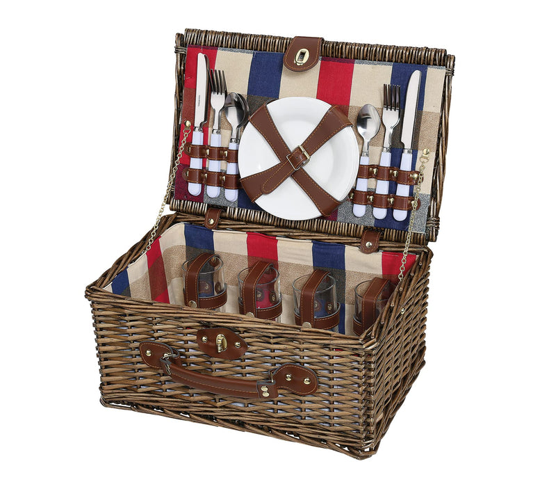 Cilio Lenno Outdoor Picnic Basket Dark Brown with Large Check Lining, Basket for 4 People