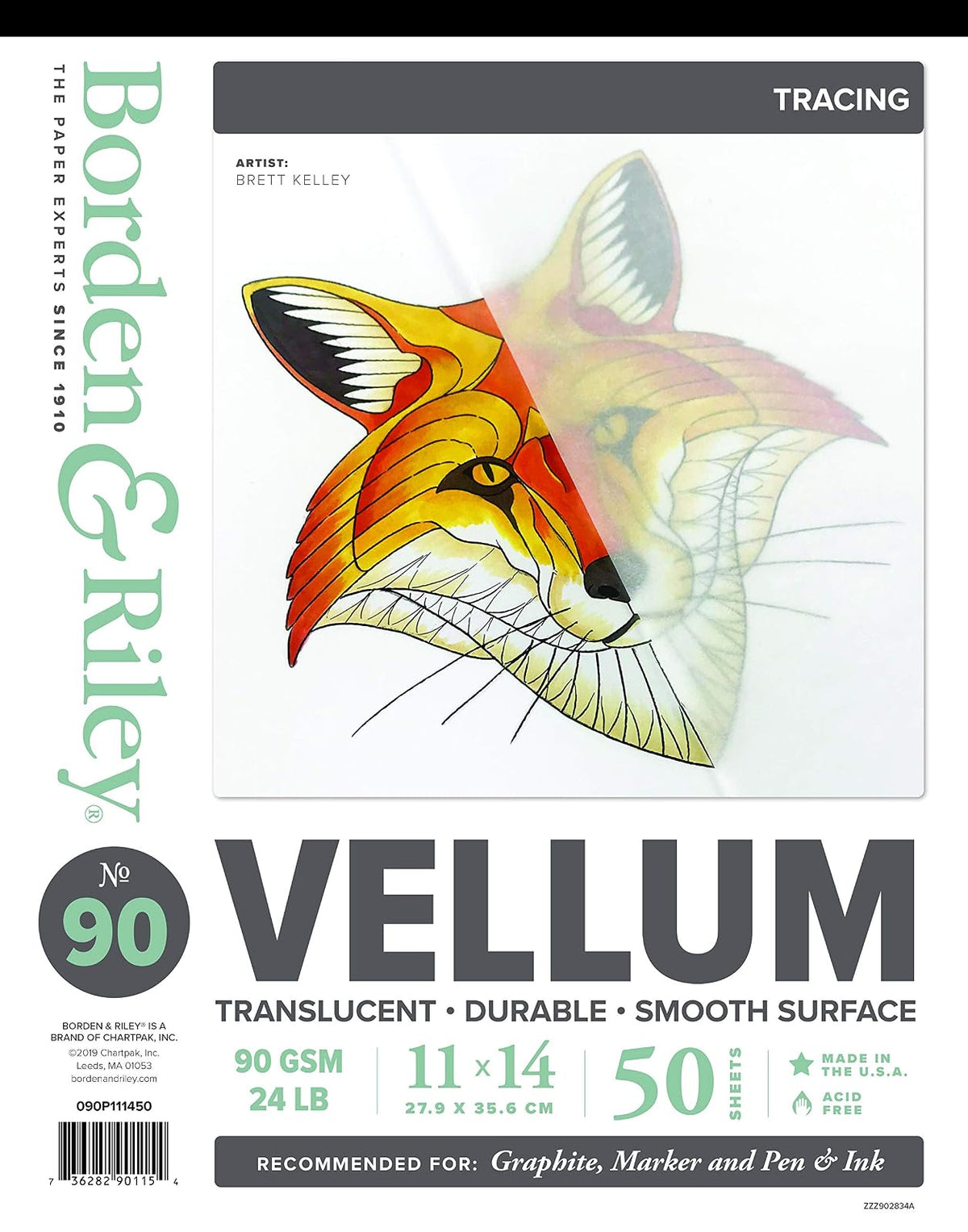 Chartpak Borden & Riley #90 Vellum Pad, 11" x 14", 90 GSM/24 LB, 50 White Sheets, 1 Pad Each (090P111450)