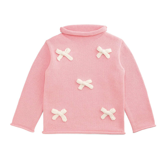 Mud Pie Sweater, Pink, Kids Pink Bow Rollneck Sweater