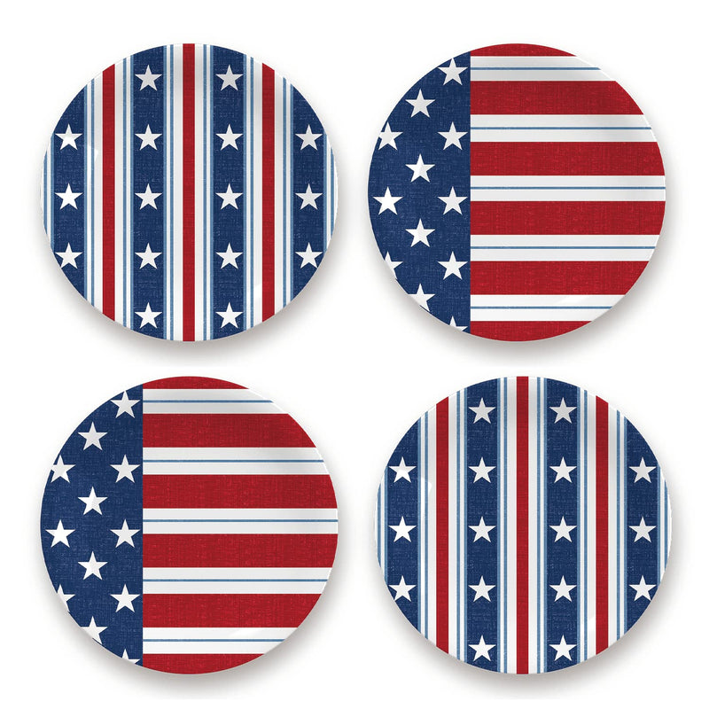 TarHong Stars & Stripes Assorted Patterned Salad Plates, 8.4-Inch, Pure Melamine, Shatterproof, Indoor/Outdoor, Set of 4 Assorted Patterned Plates