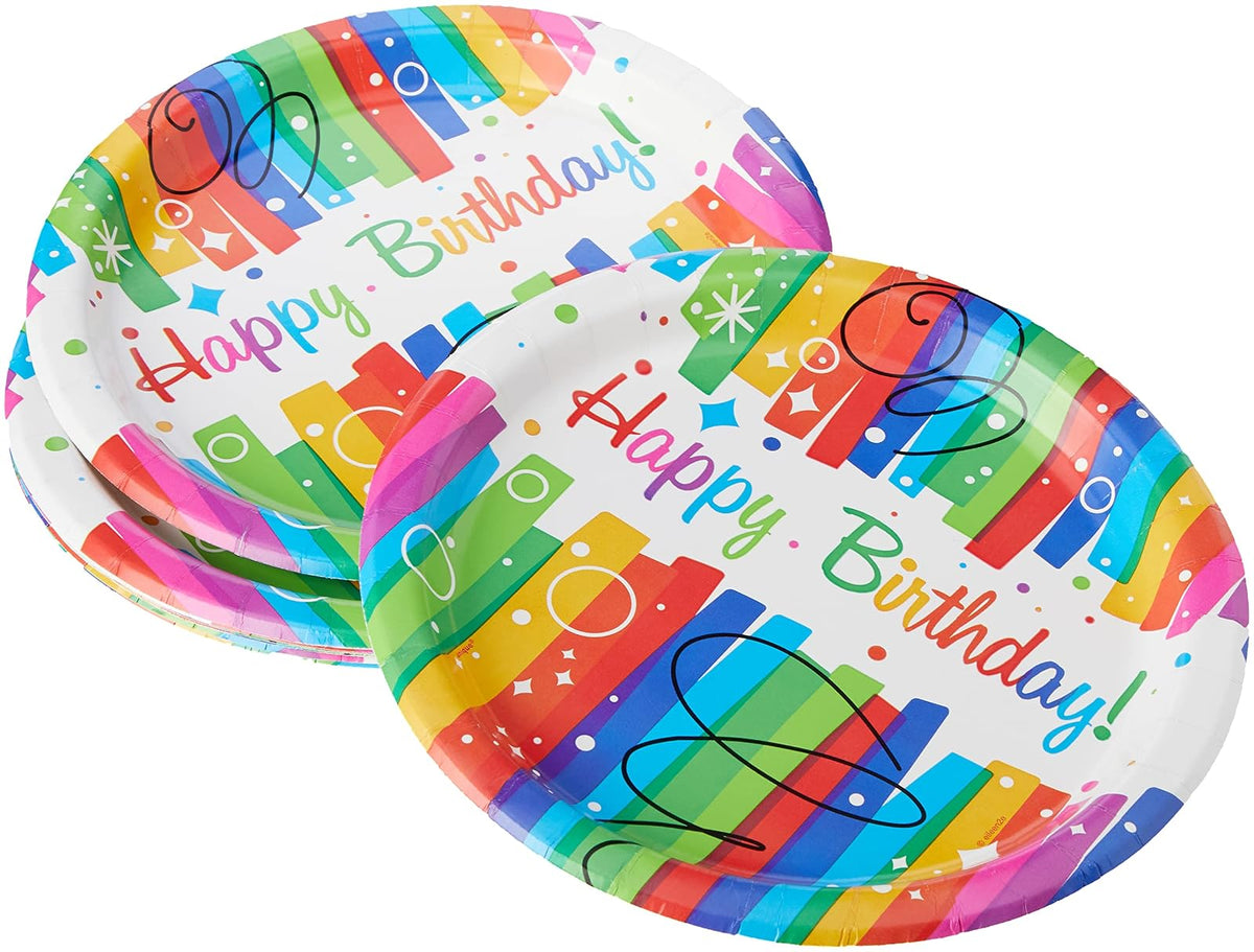 Unique Industries Rainbow Ribbons Birthday Dinner Plates, 8ct