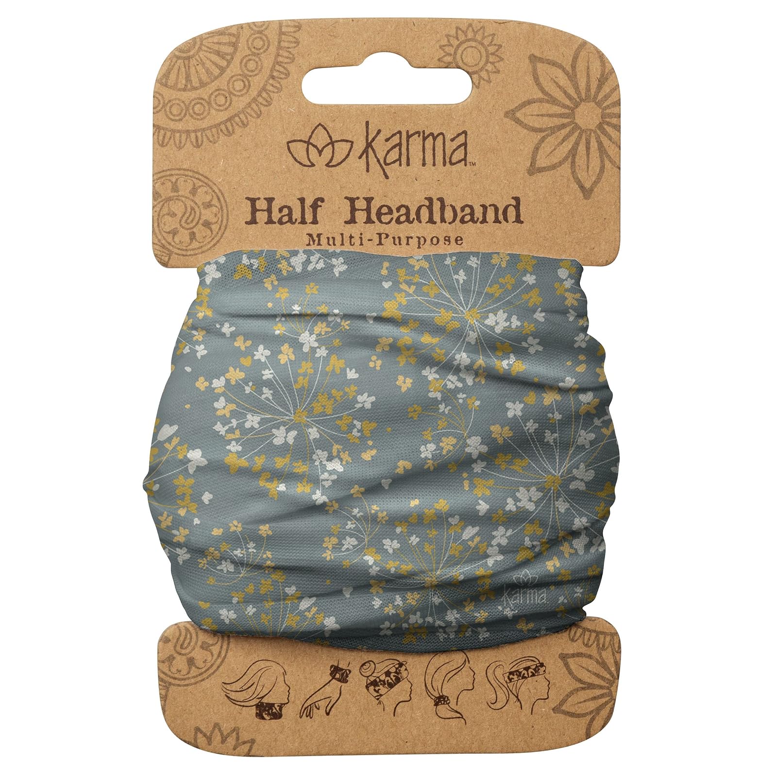 Karma Gifts Gray & Gold Flowers Headband for Women - Medium - Fabric Headband and Stretchy Hair Scarf - Dark Grey