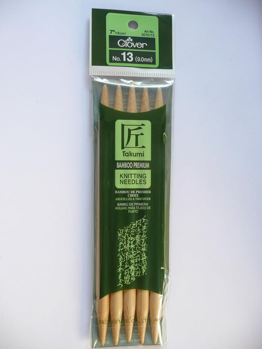 CLOVER. NO 13. 99.0mm. art No. 3015/13. TAKUMI KNITTING NEEDLES. BAMBOO PREMIUM. 7" (18cm)