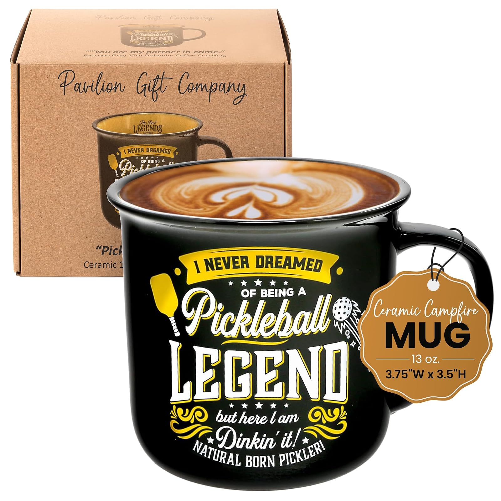 Pavilion Gift Company - Pickleball Legend - Ceramic 13-ounce Campfire Mug, Double Sided Coffee Cup, Pickleball Gifts For Women, Pickleball Gifts, 1 Count, 3.75 x 5 x 3.5-Inches, Black/Yellow