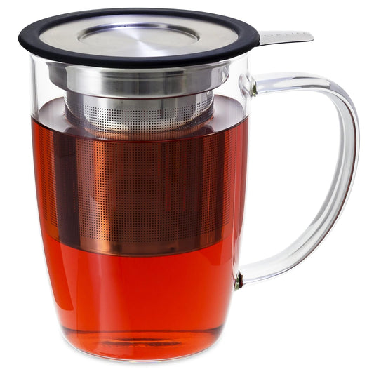 FORLIFE NewLeaf Glass Tea 16-Ounce Mug with Infuser and Lid, Black