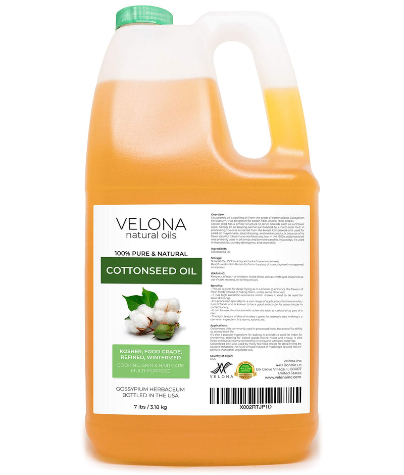 Cotton Seed Oil by Velona - 7 lb | 100% Pure and Natural Carrier Oil | Refined, Cold pressed | Cooking, Skin, Face, Body, Hair Care | Use Today - Enjoy Results