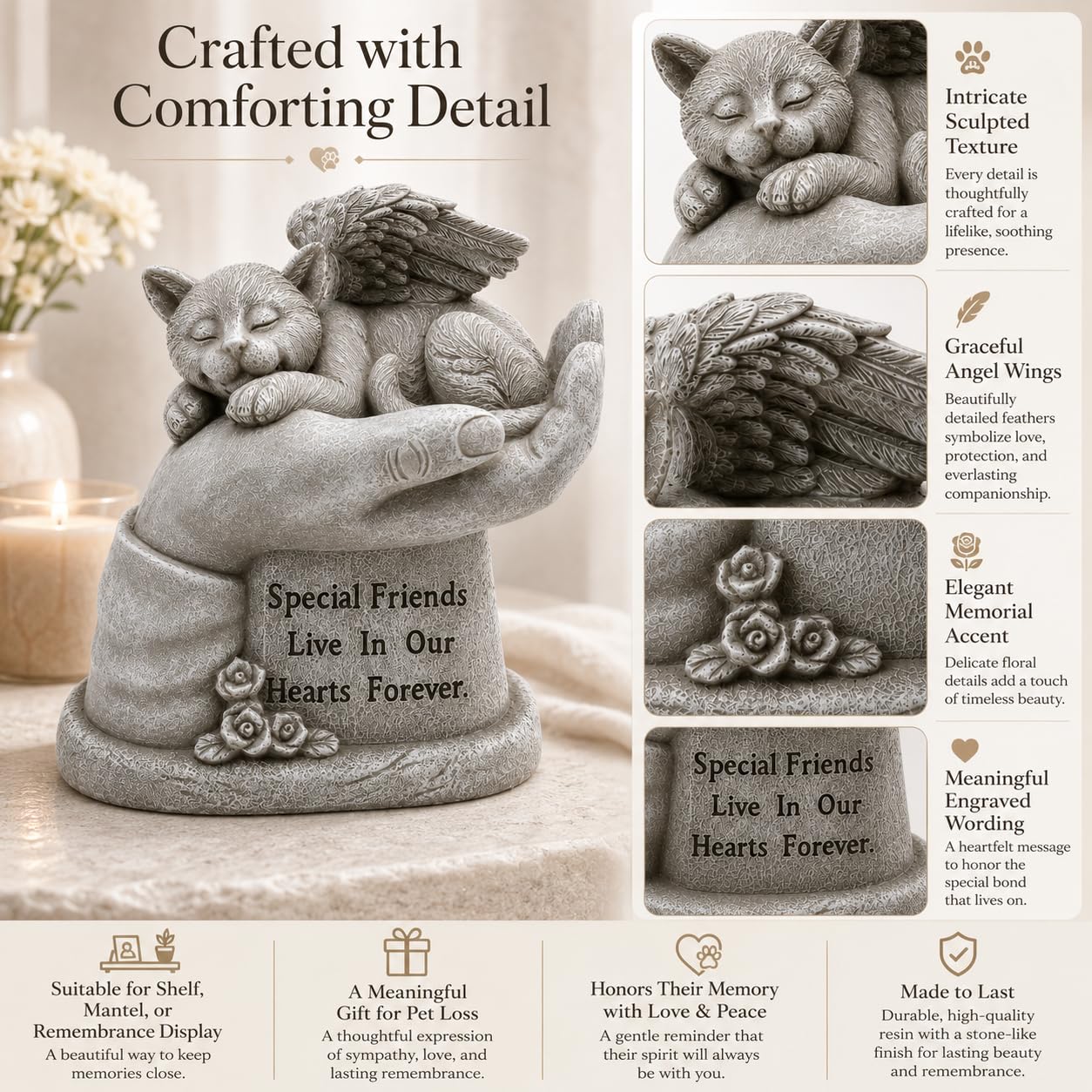Comfy Hour Loving Memory Collection Resin Memorial Cat Angel in Hand Pet Statue, Handmade Beige, Faithful Memory of Cat's Bereavement, Special Friends Live In Our Hearts Forever
