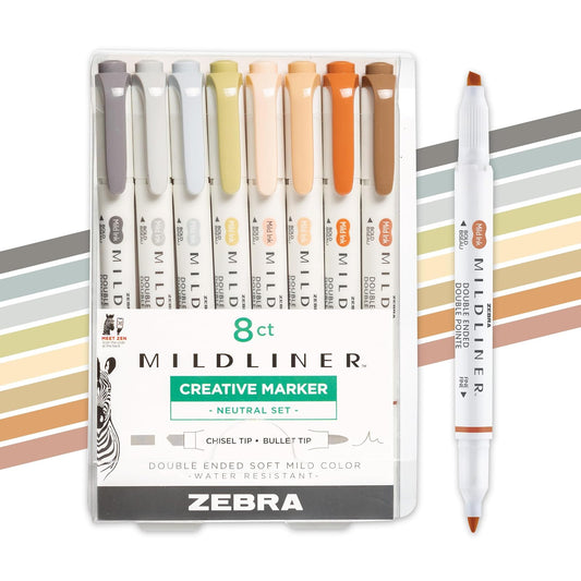 Zebra Pen Mildliner Double Ended Highlighter, Broad and Fine Point Tips, Assorted Neutral Vintage Ink Colors, 8-Pack