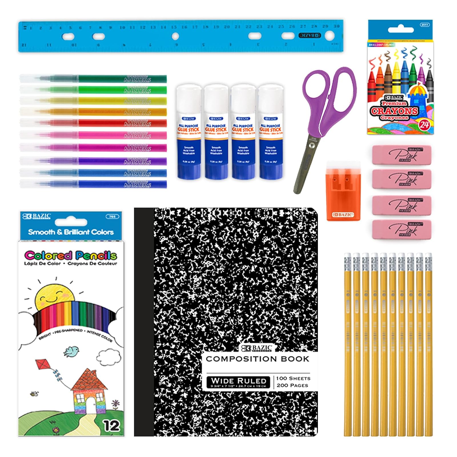 BAZIC Back to School Kit Starter Pack 60 Count, School Supply Box for Elementary Student K-12, Ruler Composition Book and More 1-Pack