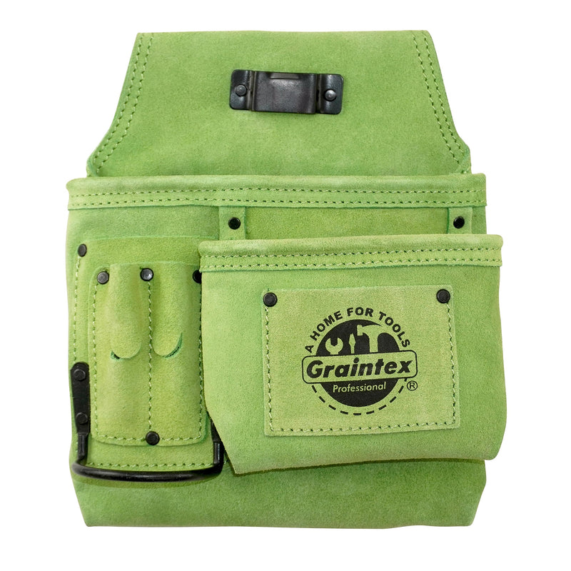 Graintex SS2491 :: 5 Pocket Right Handed Nail & Tool Pouch Lime Green Color Suede Leather for Constructors, Electricians, Plumbers, Handymen