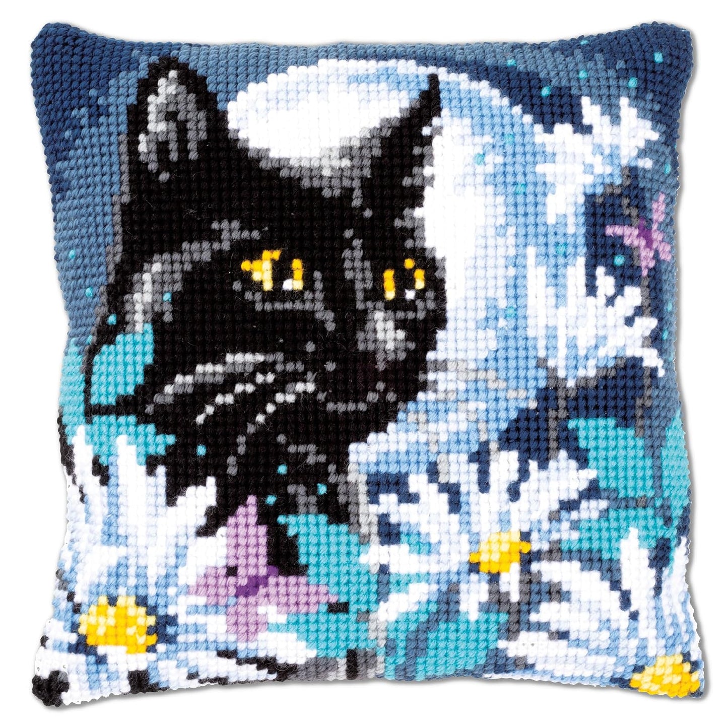 Vervaco Cross Stitch Embroidery Kits Pillow Front for Self-Embroidery with Embroidery Pattern on 100% Cotton and Embroidery Thread, 15,75 x 15,75 Inches - 40 x 40 cm, Night Cat