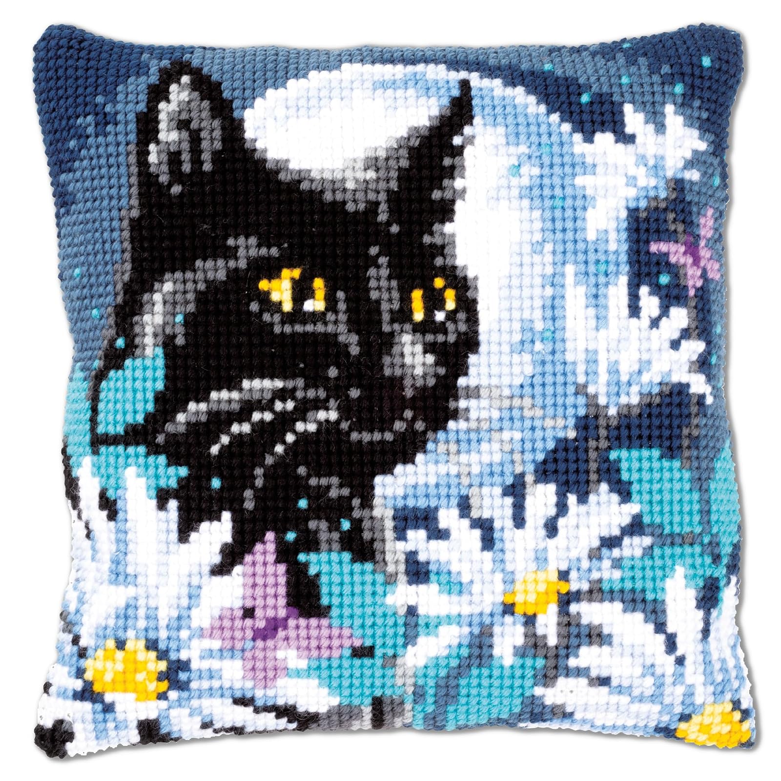 Vervaco Cross Stitch Embroidery Kits Pillow Front for Self-Embroidery with Embroidery Pattern on 100% Cotton and Embroidery Thread, 15,75 x 15,75 Inches - 40 x 40 cm, Night Cat