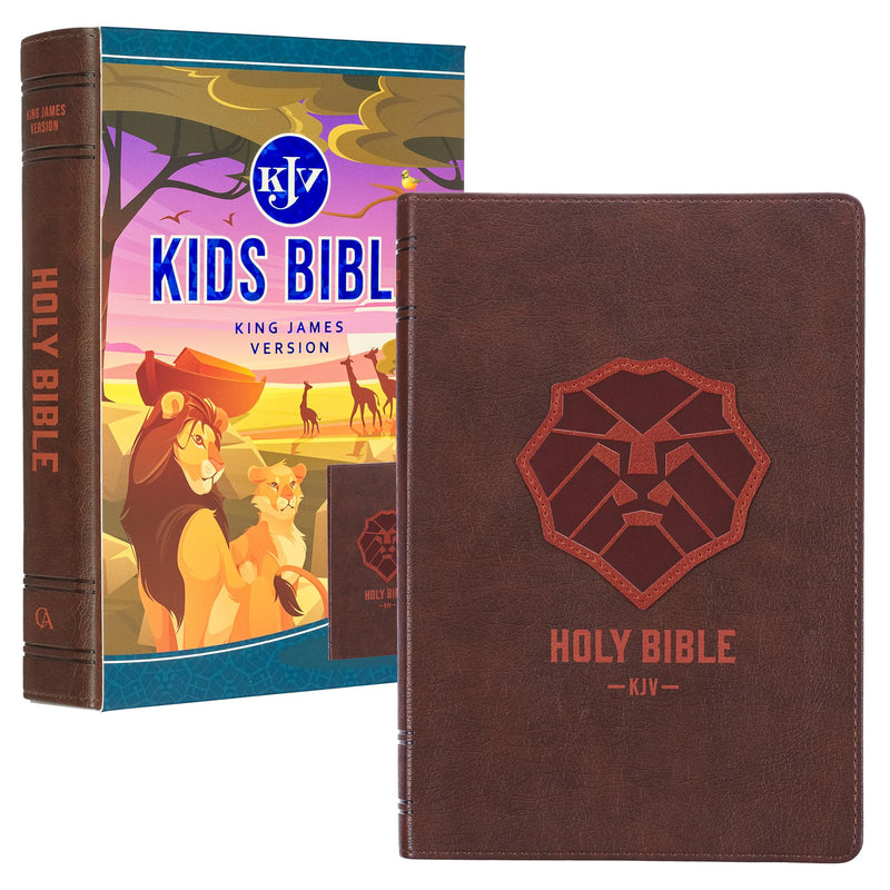 KJV Kids Bible, 40 pages Full Color Study Helps, Presentation Page, Ribbon Marker, Holy Bible for Children Ages 8-12, Lion Emblem Brown Vegan Leather Flexible Cover