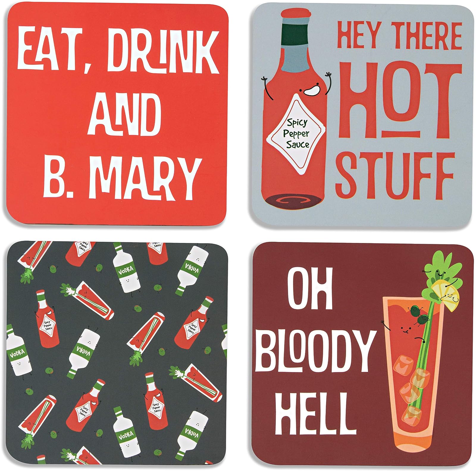 Pavilion Gift Company Bloody Mary Sentiment, Pattern and Character Holder 4" (4 Piece) Coaster Set with Box, 4 Inch Square, Multicolor