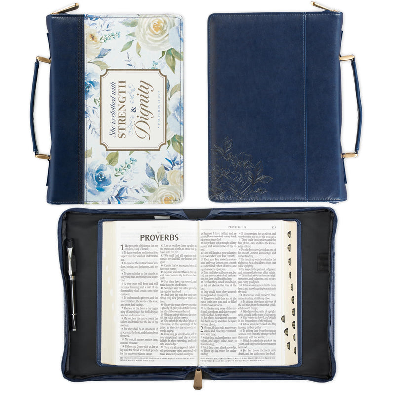 Christian Art Gifts Fashion Vegan Leather Bible Cover Case for Women: Strength & Dignity Gold Inspirational Scripture, Sturdy Easy Carry Book Bag, Pen Loops, Pockets, Navy Blue & White Floral, Large