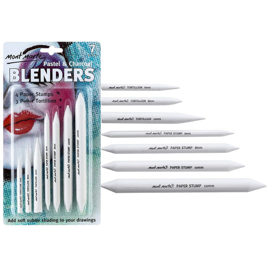 Mont Marte Pastel and Charcoal Blenders, 7 Piece. Comes with 4 Paper Stumps and 3 Paper Tortillions. Suitable for Use with Charcoals, Pastels and Graphite.