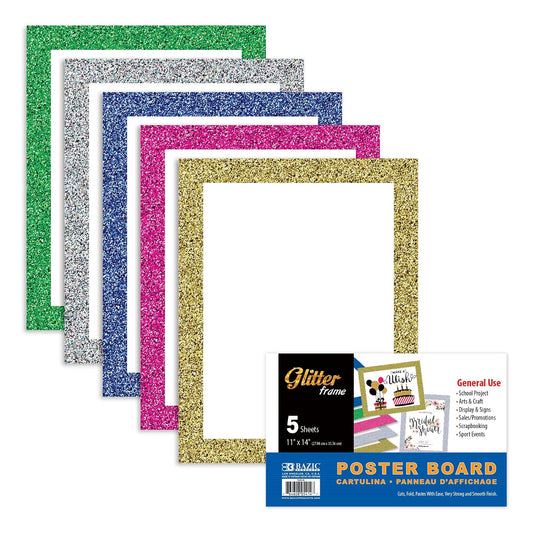 BAZIC 11x14 White Poster Board, Glitter Sparkling Frame, Cardstock Paper for Christmas Wedding Birthday (5/Pack), 1-Pack