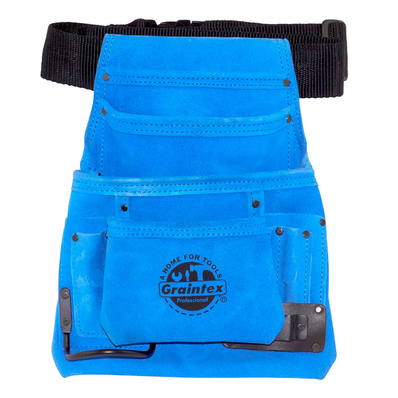 Graintex SS2138 10 Pocket Nail & Tool Pouch Blue Color Suede Leather with 2” Webbing Belt for Constructors, Electricians, Plumbers, Handymen