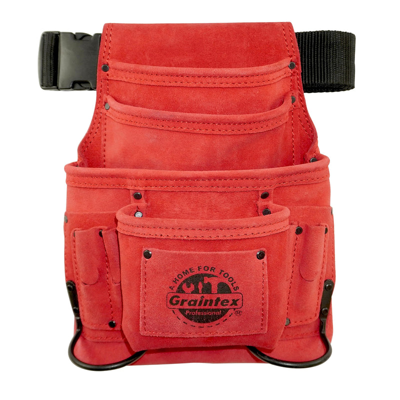 Graintex SS2513 :: 10 Pocket Nail & Tool Pouch Red Color Suede Leather with 2” Webbing Belt for Constructors, Electricians, Plumbers, Handymen