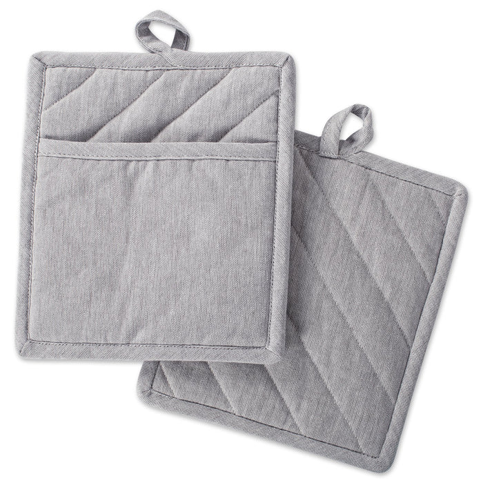DII Design 100% Cotton Solid Chambray Kitchen Set, Potholders, Gray, 2 Piece