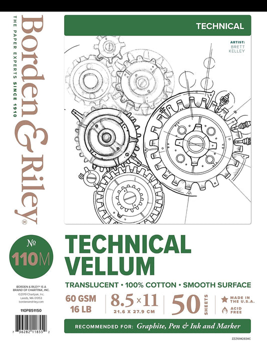 Chartpak Borden & Riley #110M Technical Vellum Pad, 8.5" x 11", 100% Cotton, 60 GSM/16 LB, 50 Sheets, 1 Pad Each (110P851150)