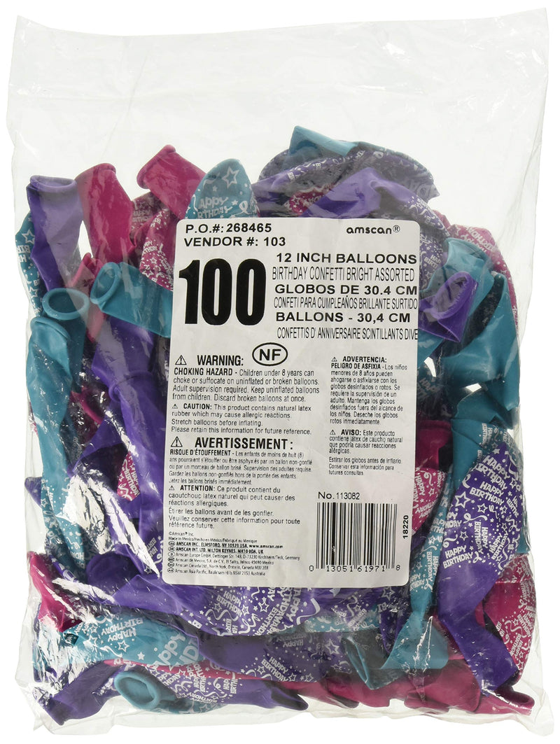 Amscan Décor Happy Birthday Confetti Printed Latex Balloons | Brights | Pack of 100 | Party Decor, 12", Assorted