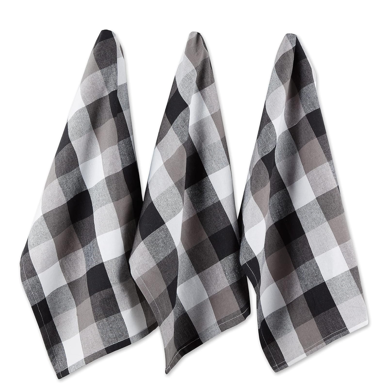 DII Design Tri-Color Check Collection Kitchen, Dishtowel Set, Black, 3 Piece