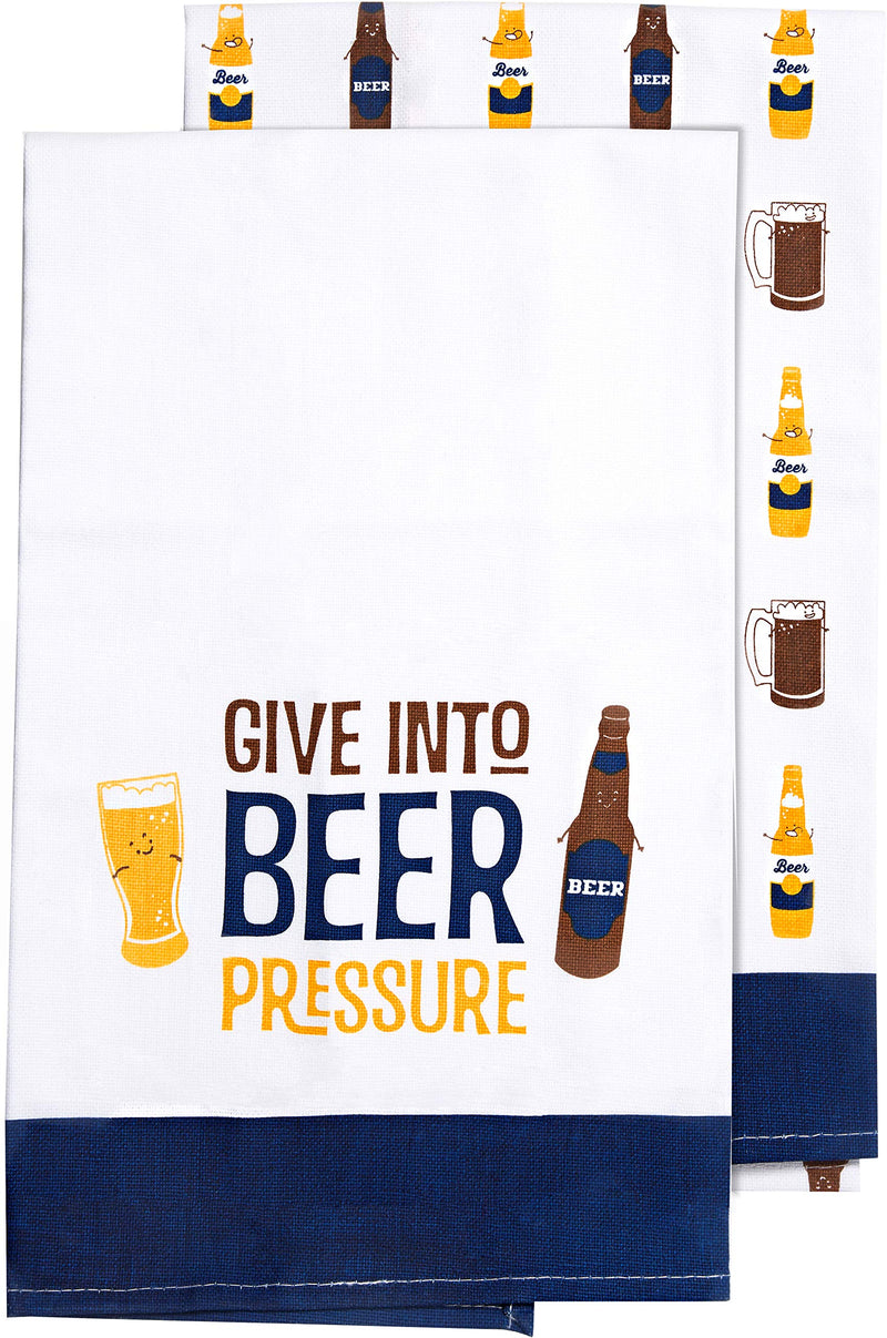 Pavilion Gift Company Give Into Beer Pressure - Set of 2 Text & Patterned Decorative Tea Towels, Blue
