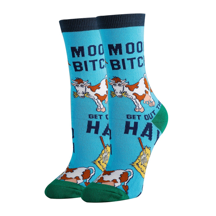 Womens Novelty Funny Cute Animal Crew Socks, Mooo Over, Colorful Cotton Socks Crazy Cool Socks
