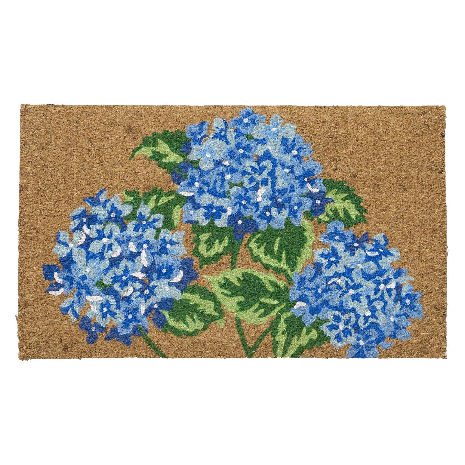 Larry Traverso Low Profile Hydrangea Flatweave Doormat, 18 x 30 Inches, 100% Coir, Naturally Durable, Anti-Slip Backing, Sustainable, Garden Flower Design