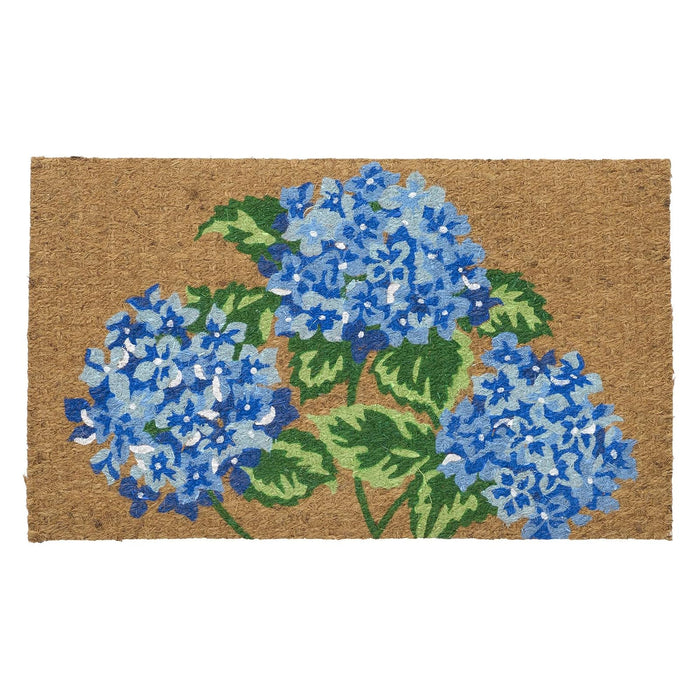 Larry Traverso Low Profile Hydrangea Flatweave Doormat, 18 x 30 Inches, 100% Coir, Naturally Durable, Anti-Slip Backing, Sustainable, Garden Flower Design